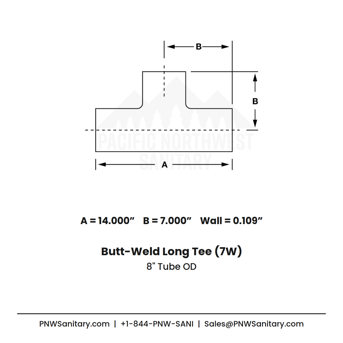 8.000" OD 12ga Long Tee Butt-Weld - (7W) - Polished OD/ID - 316L Stainless