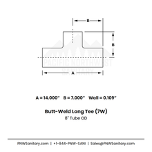 8.000" OD 12ga Long Tee Butt-Weld - (7W) - Polished OD/ID - 304 Stainless