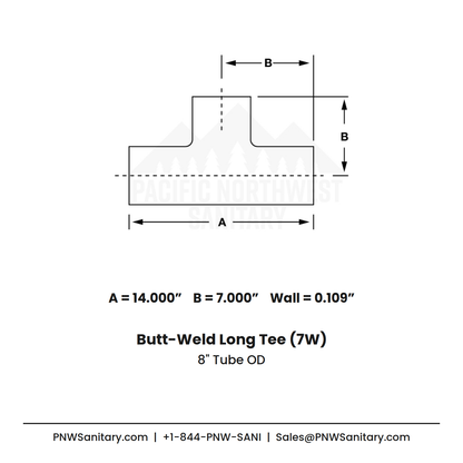 8.000" OD 12ga Long Tee Butt-Weld - (7W) - Polished OD/ID - 316L Stainless