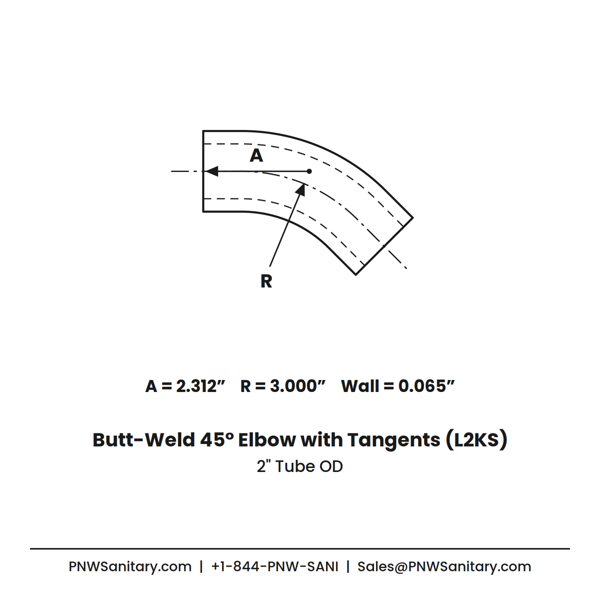 2.000" 16ga Butt-Weld 45° Elbow with Tangents - (L2KS - Special) - Polished OD/ID - 304 Stainless