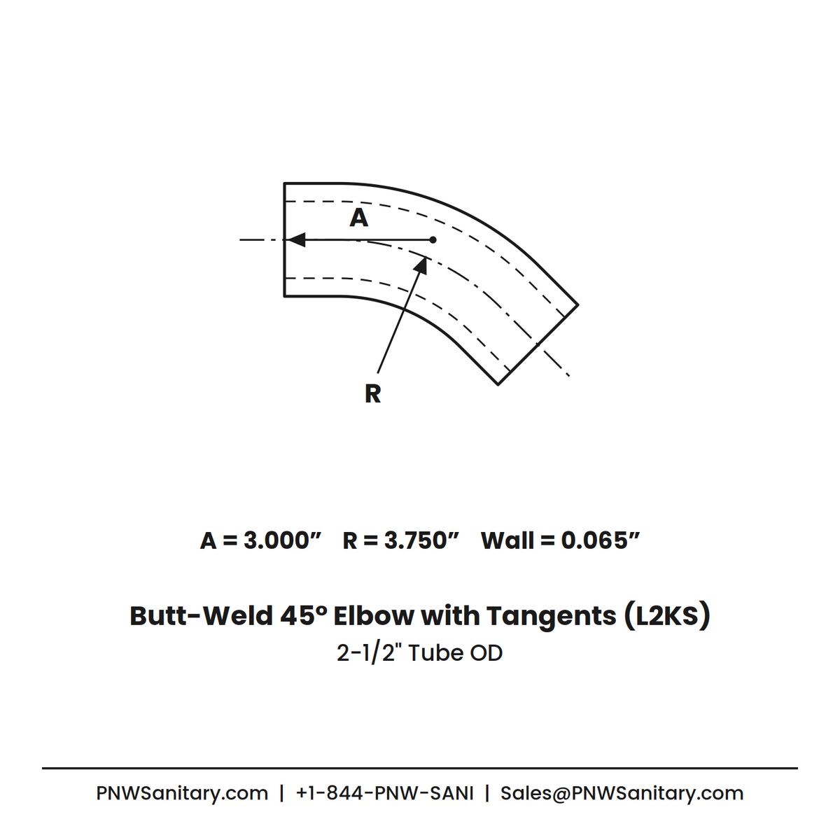 2.500" 16ga Butt-Weld 45° Elbow with Tangents - (L2KS - Special) - Polished OD/ID - 304 Stainless