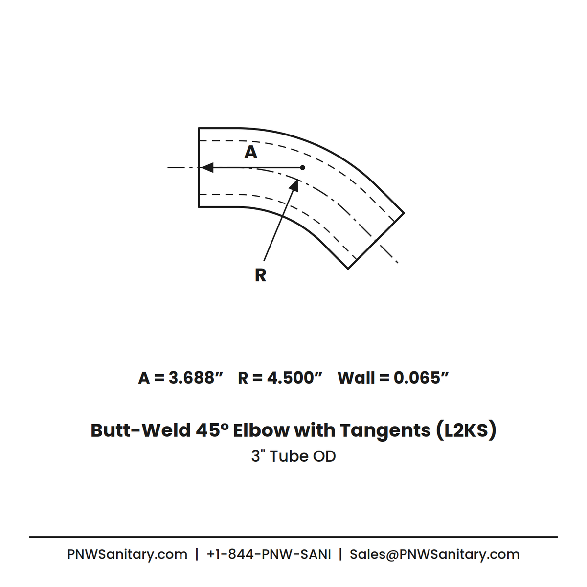 3.000" 16ga Butt-Weld 45° Elbow with Tangents - (L2KS - Special) - Polished OD/ID - 304 Stainless