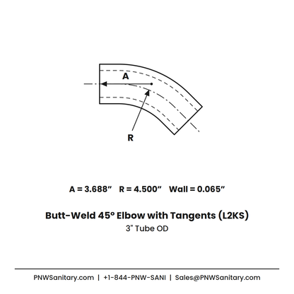 3.000" 16ga Butt-Weld 45° Elbow with Tangents - (L2KS - Special) - Polished OD/ID - 304 Stainless