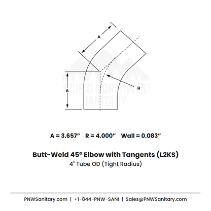 4.000" 16ga Tight Radius Butt-Weld 45° Elbow with Tangents - (L2KS - Special) - Polished OD/ID - 304 Stainless