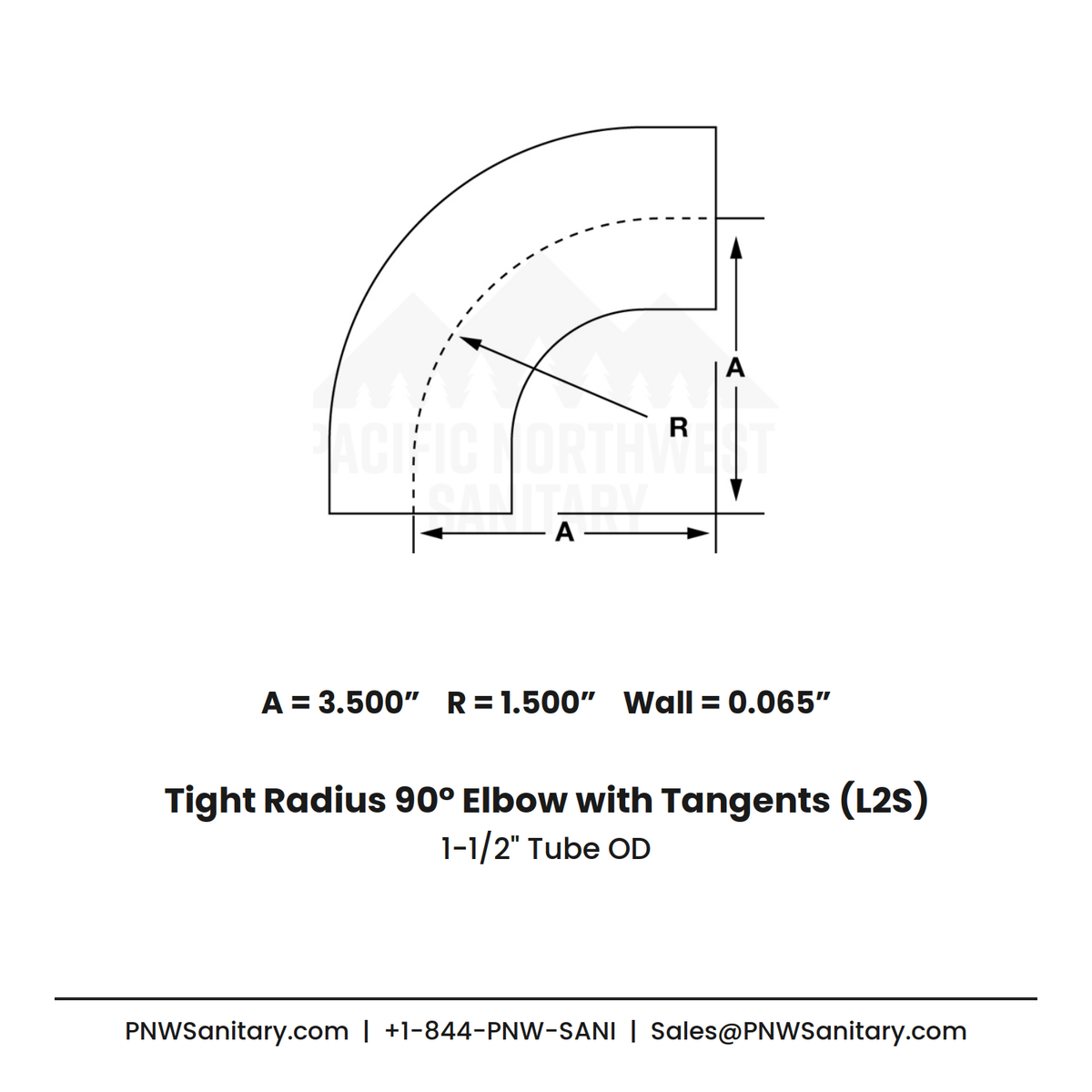 1.500" 16ga Tight Radius Butt-Weld 90° Elbow with Tangents - (L2S - Special) - Polished OD/ID - 304 Stainless