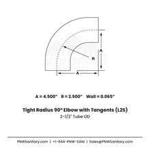 2.500" 16ga Tight Radius Butt-Weld 90° Elbow with Tangents - (L2S - Special) - Polished OD/ID - 304 Stainless