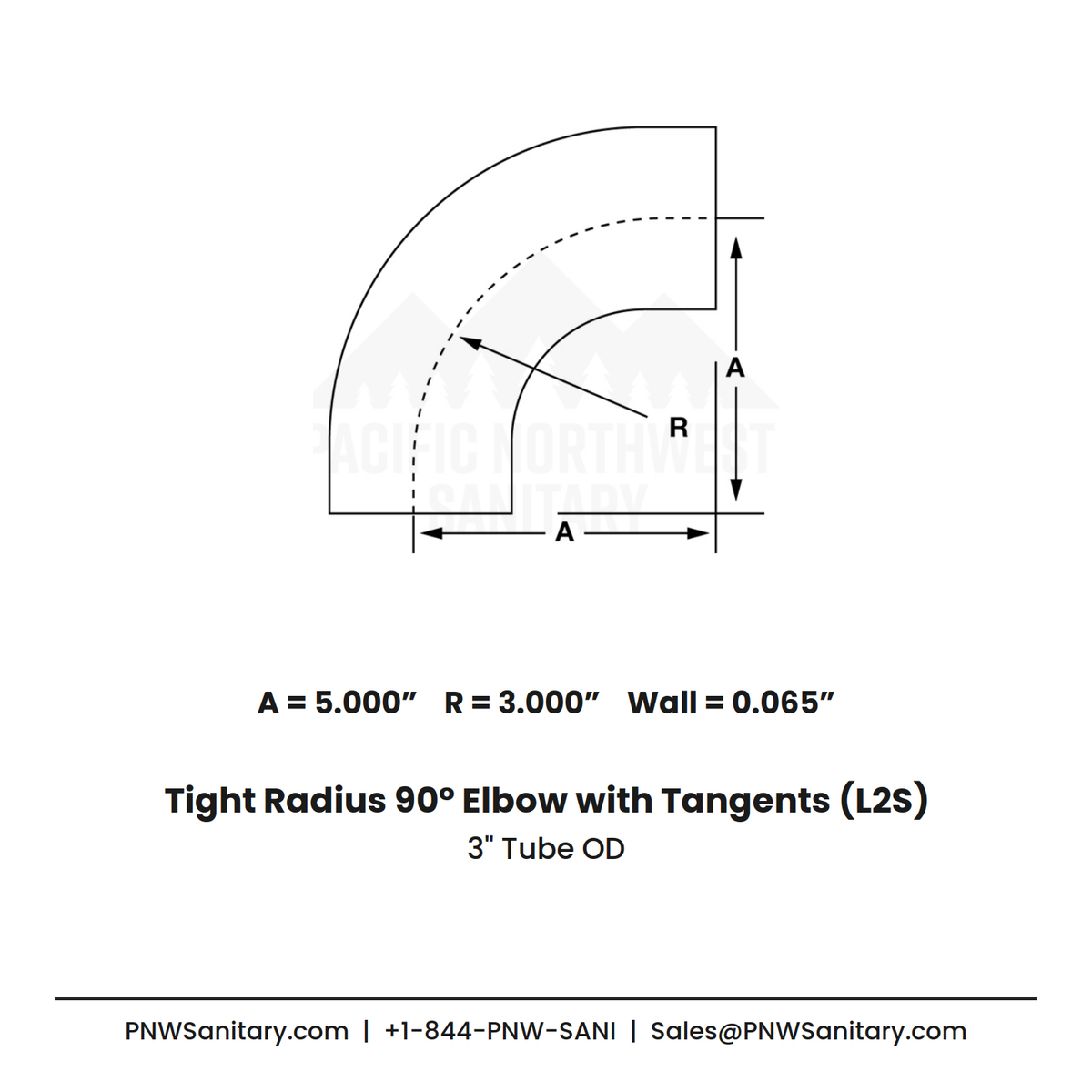 3.000" 16ga Tight Radius Butt-Weld 90° Elbow with Tangents - (L2S - Special) - Polished OD/ID - 304 Stainless