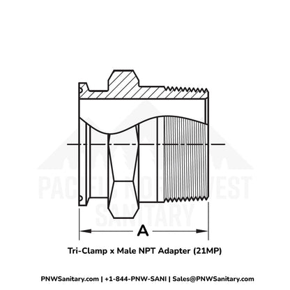 Tri-Clamp x Male NPT Adapter - 1.500" Tri-Clamp x 1-1/2" MNPT - (21MP) - 304 Stainless