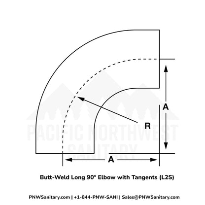 3.000" 16ga Tight Radius Butt-Weld 90° Elbow with Tangents - (L2S - Special) - Polished OD/ID - 304 Stainless