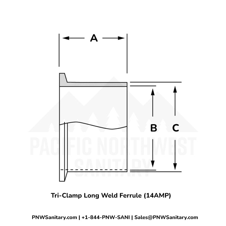 1.000" Tri-Clamp Long Weld Ferrule - (14AM7) - 304 Stainless