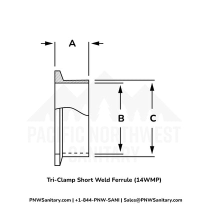 1.000" Tri-Clamp Short Weld Ferrule - (14WMP) - 304 Stainless