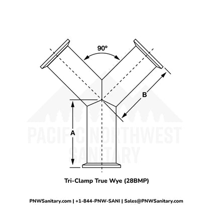 6.000" OD 16ga Tri-Clamp True Wye - (28BMP) - Polished OD/ID - 316L Stainless