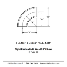 2.000" 16ga Tight Radius Butt-Weld 90° Elbow - (2WCL - Special) - Polished OD/ID - 304 Stainless