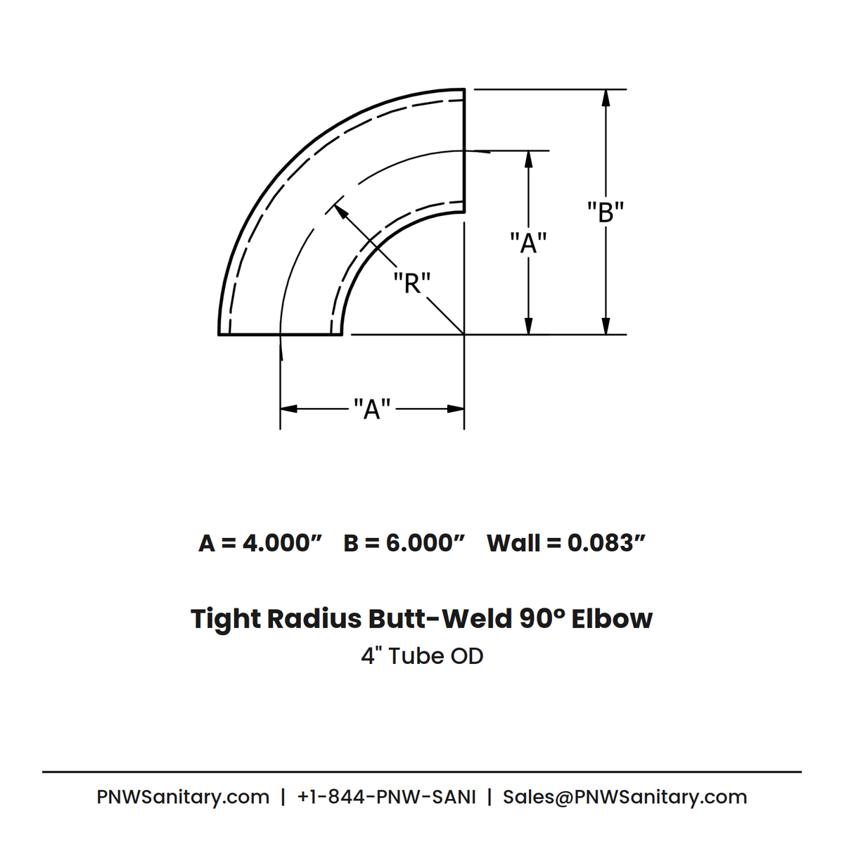 4.000" OD 14ga Tight Radius Butt-Weld 90° Elbow - (2WCL - Special) - Polished OD/ID - 316L Stainless
