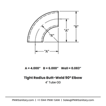 4.000" OD 14ga Tight Radius Butt-Weld 90° Elbow - (2WCL - Special) - Polished OD/ID - 316L Stainless