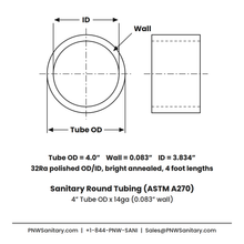 4.000" OD x 14ga (0.083") Round Tube - Polished OD/ID - 304 Stainless - 4 Foot Length