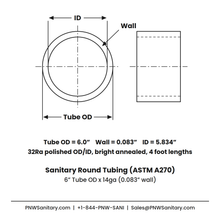 6.000" OD x 14ga (0.083") Round Tube - Polished OD/ID - 304 Stainless - 4 Foot Length
