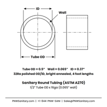 0.500" OD x 16ga (0.065") Round Tube - Polished OD/ID - 316L Stainless - 4 Foot Length