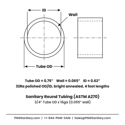 0.750" OD x 16ga (0.065") Round Tube - Polished OD/ID - 316L Stainless - 4 Foot Length