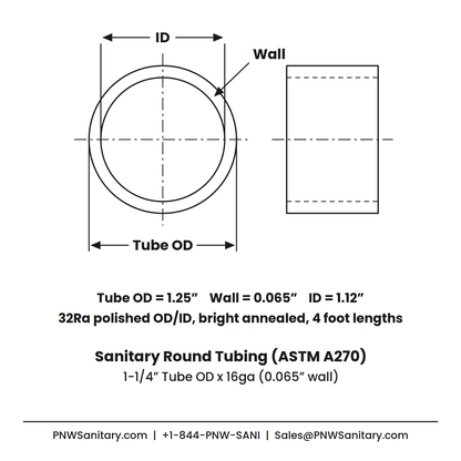 1.250" OD x 16ga (0.065") Round Tube - Polished OD/ID - 316L Stainless - 4 Foot Length