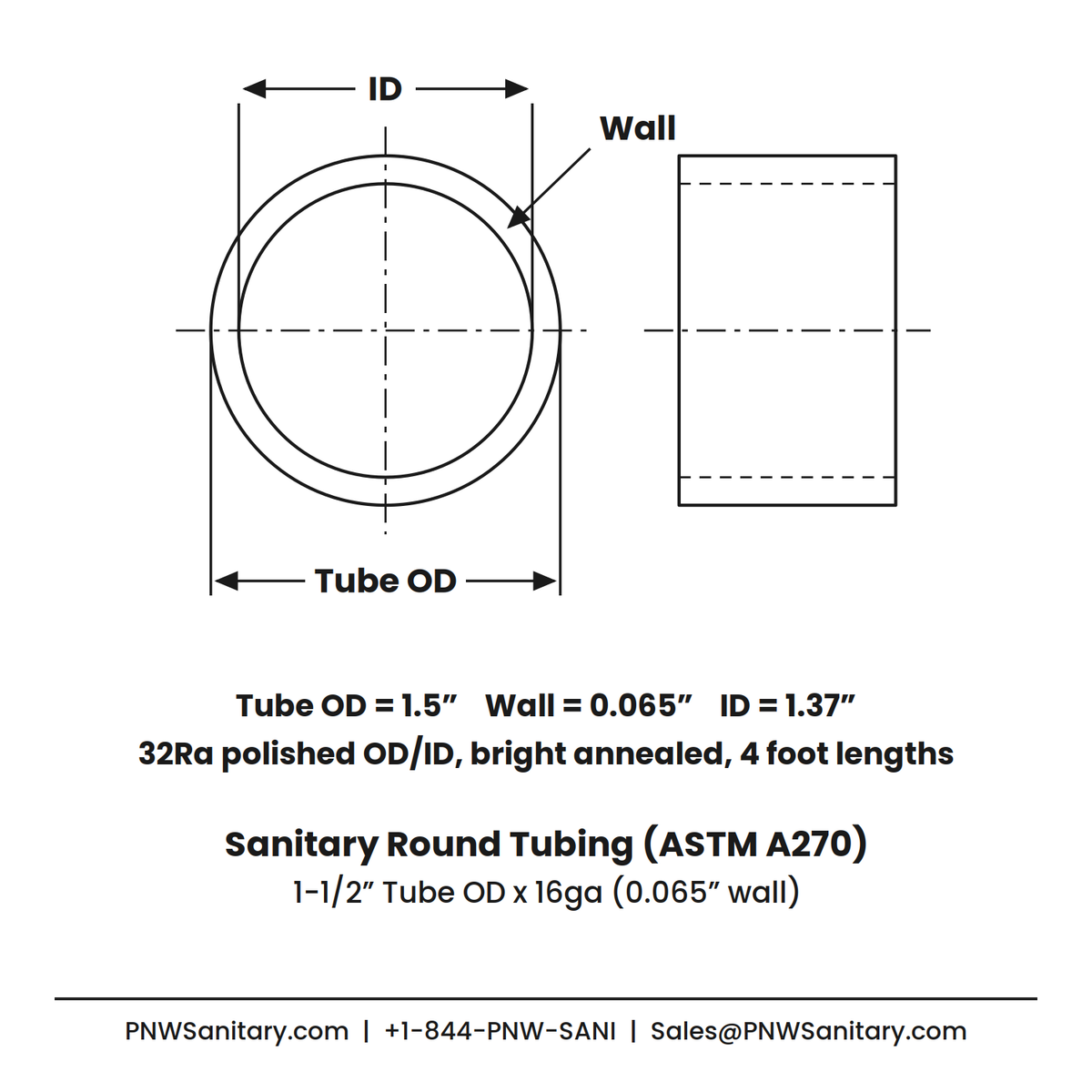 1.500" OD x 16ga (0.065") Round Tube - Polished OD/ID - 316L Stainless - 4 Foot Length