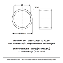 3.000" OD x 16ga (0.065") Round Tube - Polished OD/ID - 304 Stainless - 4 Foot Length